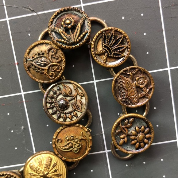 Gilded Vintage West German Glass Button Bracelet, Repurposed  Antique ancient German buttons brass bracelet